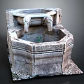 Traditional Stone Garden Fountain Ornament With Hexagonal Basin Animal Head Spouts And Small Plant