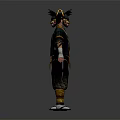 Character With Animal Horn Headpiece In Black Yellow Traditional Outfit And Emblem Design
