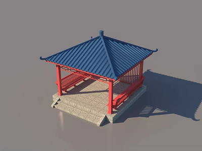 Traditional Chinese Pavilion With Blue Roof Red Pillars And Stone Base 3d model