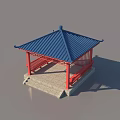 Traditional Chinese Pavilion With Blue Roof Red Pillars And Stone Base