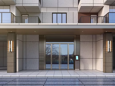 Modern Building Main Entrance Door With Glass Panels Stone Wall And Wall Lamps 3d model