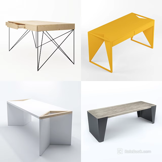 Modern Desk Designs With Various Styles Wooden Tops And Geometric Metal Legs 3d model 