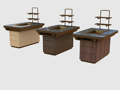 Wooden Dining Tables In Different Colors Featuring Metal Racks On Top Design Style 3d model