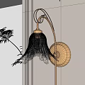 Elegant Golden Wall Sconce with White Striped Lampshade on Light Wall and Fern Plant