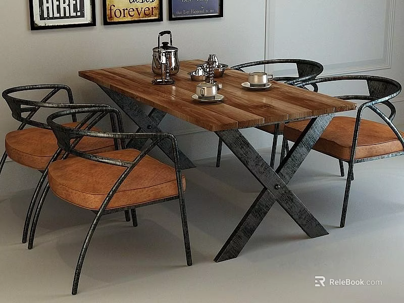 Wooden Dining Table Set With Metal X Legs And Four Orange Cushioned Chairs 3d model 