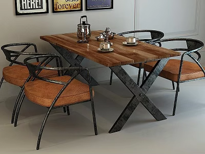Wooden Dining Table Set With Metal X Legs And Four Orange Cushioned Chairs 3d model