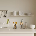 Modern Kitchen Countertop With Hanging Utensils White Dishes Bowl And Utensil Holders