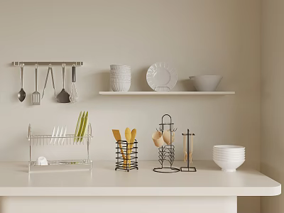 Modern Kitchen Countertop With Hanging Utensils White Dishes Bowl And Utensil Holders 3d model