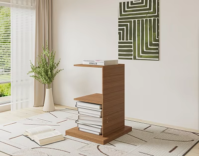 Walnut Wood Bookcase With Stacked Books Potted Plant And Decorative Painting In Bright Room 3d model