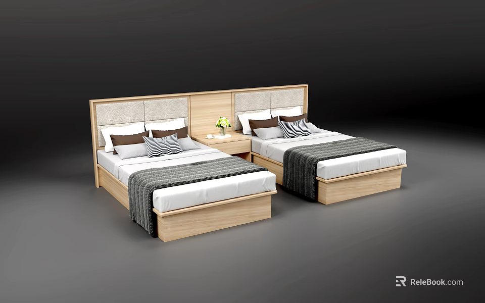 Modern Minimalist Two Single Beds With Wooden Headboard Nightstand And Bedding 3d model 