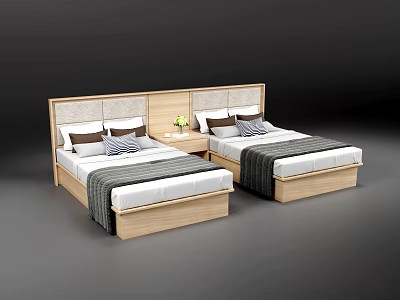 Modern Minimalist Two Single Beds With Wooden Headboard Nightstand And Bedding 3d model