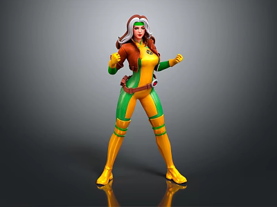 Dynamic Game Movie Character In Yellow Green Bodysuit With Brown Jacket Headpiece And Posing Stance 3d model