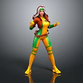 Dynamic Game Movie Character In Yellow Green Bodysuit With Brown Jacket Headpiece And Posing Stance