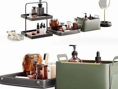 Elegant Bathroom Daily Essentials With Black Trays Green Storage Boxes And Bottles 3d model