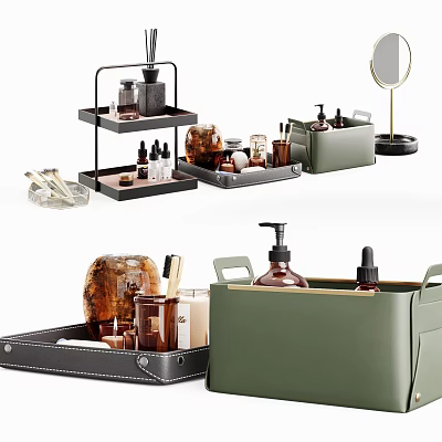 Elegant Bathroom Daily Essentials With Black Trays Green Storage Boxes And Bottles 3d model