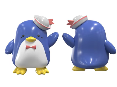 Cute Blue Penguin Figurines Wearing White Hats Red Bows Yellow Feet Front Back Views 3d model