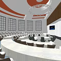 Large Modern Conference Room With Rounded Tables Chairs Large Screens Red Ceiling Decor And Windows