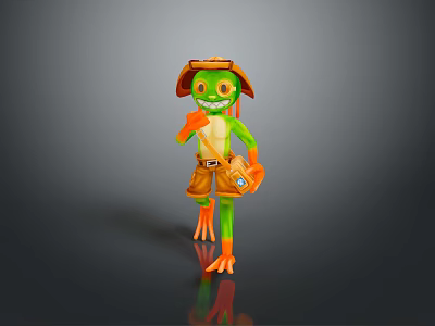 Green Reptile Character Wearing Brown Hat Shorts And Tool Belt Holding Tool Bag 3d model