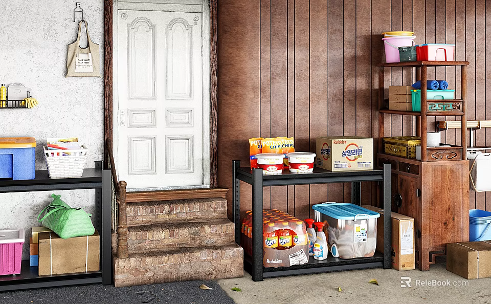 Organized Storage Space With Shelves Boxes Food Items And Wooden Wall 3d model 