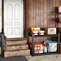 Organized Storage Space With Shelves Boxes Food Items And Wooden Wall