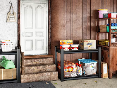 Organized Storage Space With Shelves Boxes Food Items And Wooden Wall 3d model