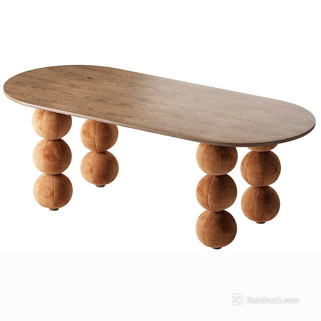 Oval Shaped Wooden Desk Featuring Stacked Brown Pom Pom Legs 3d model 