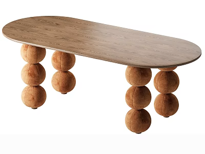 Oval Shaped Wooden Desk Featuring Stacked Brown Pom Pom Legs 3d model