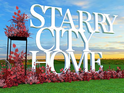 Starry City Home Photo Check In Spot With Red Floral Decor Blue Sky Green Grass 3d model
