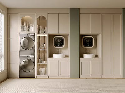 Modern Laundry Room Interior With Washer Dryer Double Sinks And Beige Cabinets 3d model