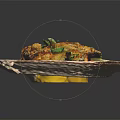 Grilled Meat With Melted Cheese Greens Tomatoes And Herbs On White Plate With Brown Rim