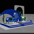 Modern Interior Display With Blue Sofa Green Chair Arched Structure Lamp And Plants