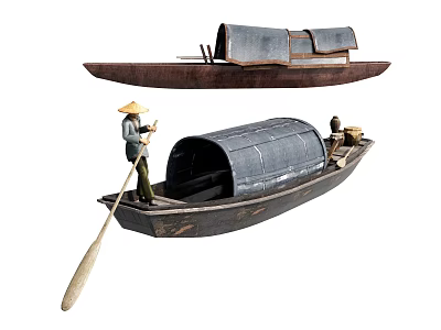 Two Classic Wooden Boats with Roofed Canopy and Man in Bamboo Hat Rowing 3d model