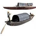 Two Classic Wooden Boats with Roofed Canopy and Man in Bamboo Hat Rowing