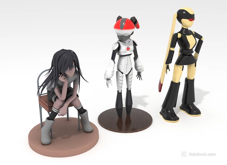 Anime Character Figurines With Seated Black Haired Girl Red White And Yellow Black Robots 3d model 