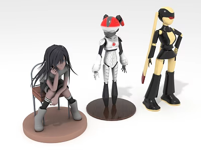 Anime Character Figurines With Seated Black Haired Girl Red White And Yellow Black Robots 3d model