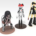 Anime Character Figurines With Seated Black Haired Girl Red White And Yellow Black Robots