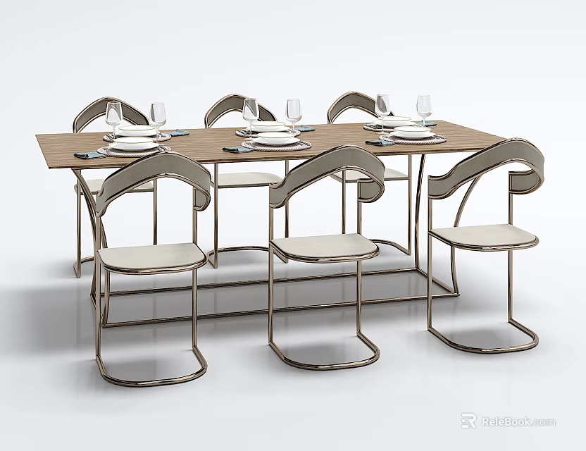 Modern Dining Table Set With Six Chairs Metal Frame Light Colored Seats And Tableware 3d model