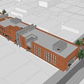 Modern Commercial Complex With Red Brick Structure Grey Roof Windows And Greenery 3d model