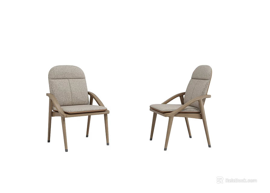 Two Light Gray Fabric Dining Chairs With Wooden Frame And Armrests 3d model