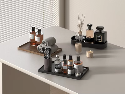 Stylish Vanity Table With Luxury Perfume Bottles Reed Diffuser And Skincare Products 3d model
