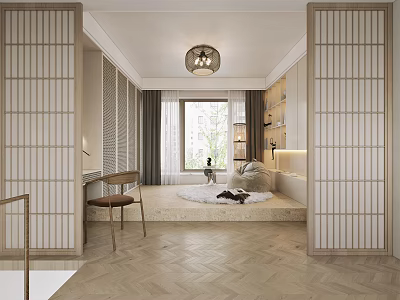 Modern Minimalist Lounge With Shoji Screens Beige Herringbone Floor And Window Seating Area 3d model
