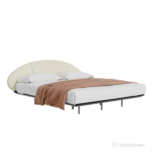 Cream Colored Double Bed with Curved Headboard White Pillows and Brown Blanket Black Metal Legs 3d model 