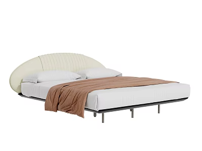 Cream Colored Double Bed with Curved Headboard White Pillows and Brown Blanket Black Metal Legs 3d model