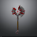 Fantasy Battle Axe With Red Blades Silver Accents And Wooden Handle