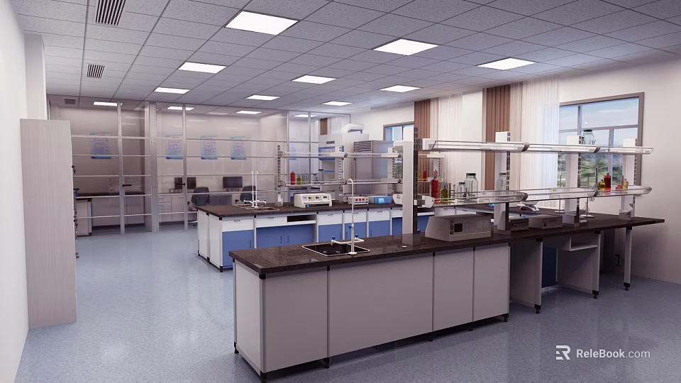 Professional Laboratory Interior With Lab Benches Fume Hoods And Advanced Scientific Instruments 3d model 
