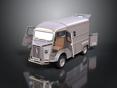 Vintage Silver Truck Model With Open Doors And Brown Interior Seats 3d model