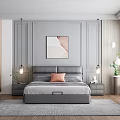 Background Double Bed Interior With Gray Headboard Pillows Blanket Nightstand Lamp Wall Painting And Blinds
