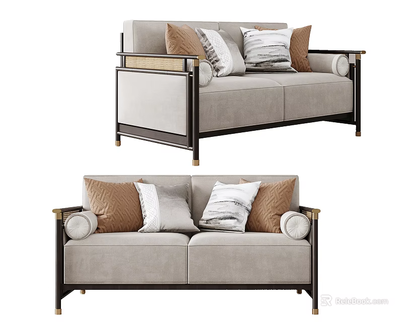 Elegant Light Gray Upholstered Two Seater Sofa With Decorative Pillows And Metal Armrests 3d model 