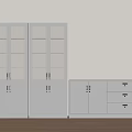 Light Gray File Cabinets With Glass Doors And Drawer Unit On Wooden Floor White Wall