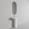 Modern White Washbasin with Sleek Faucet Round Mirror and Clean White Wall Design